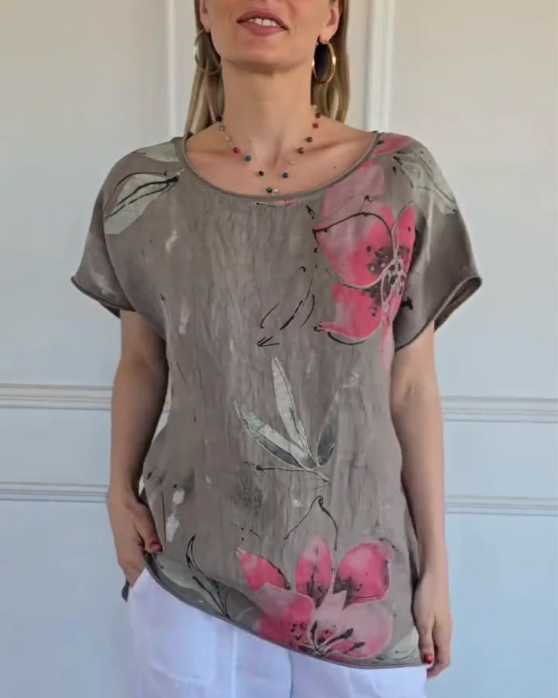 Blus Runt Hals Ledig Tryck Kort Ärm