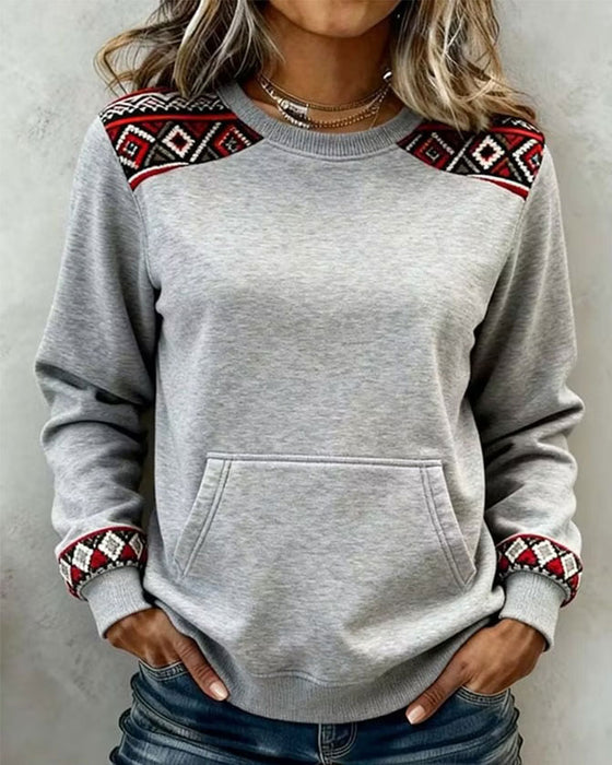 Sweatshirt Rund Hals Argyle Färgblock Ficka