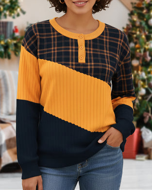 Hoodie Med Rundhals Design, Rutsmönster, Färgblock Detalj Och Långärmad Stil