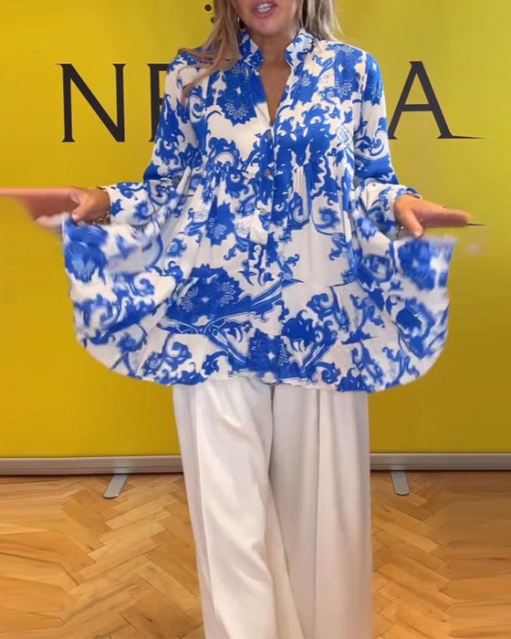 Långärmad blus med fräsch tryck