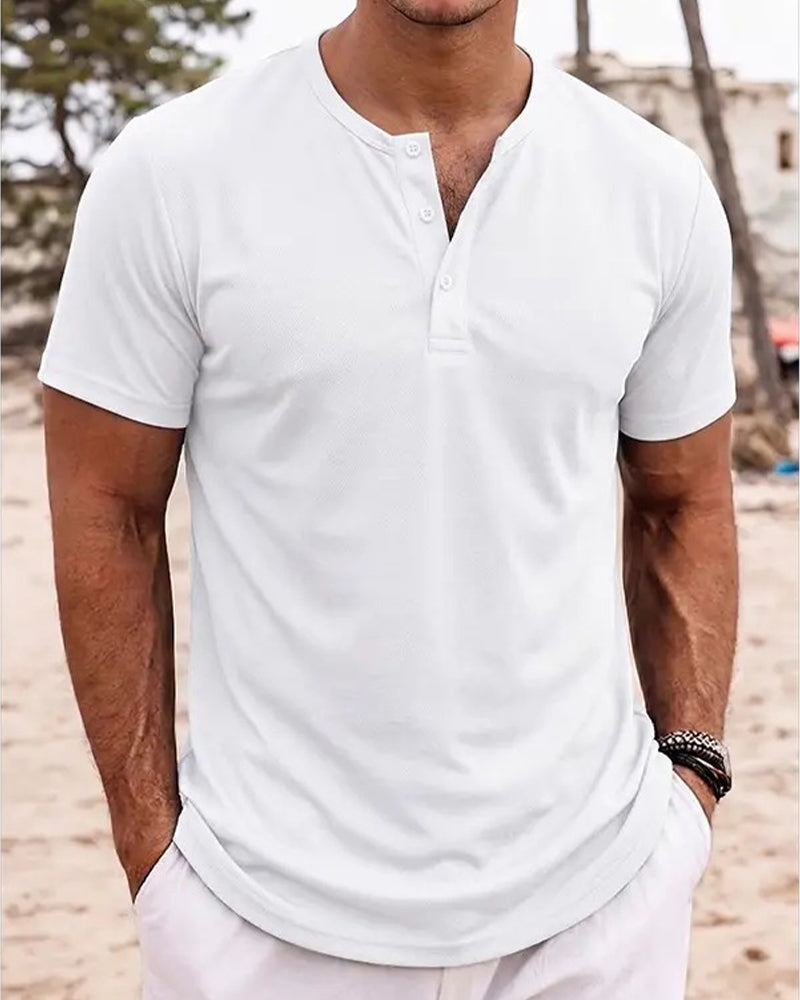 Herr T-Tröja Minimalistisk Henley Kortärmad