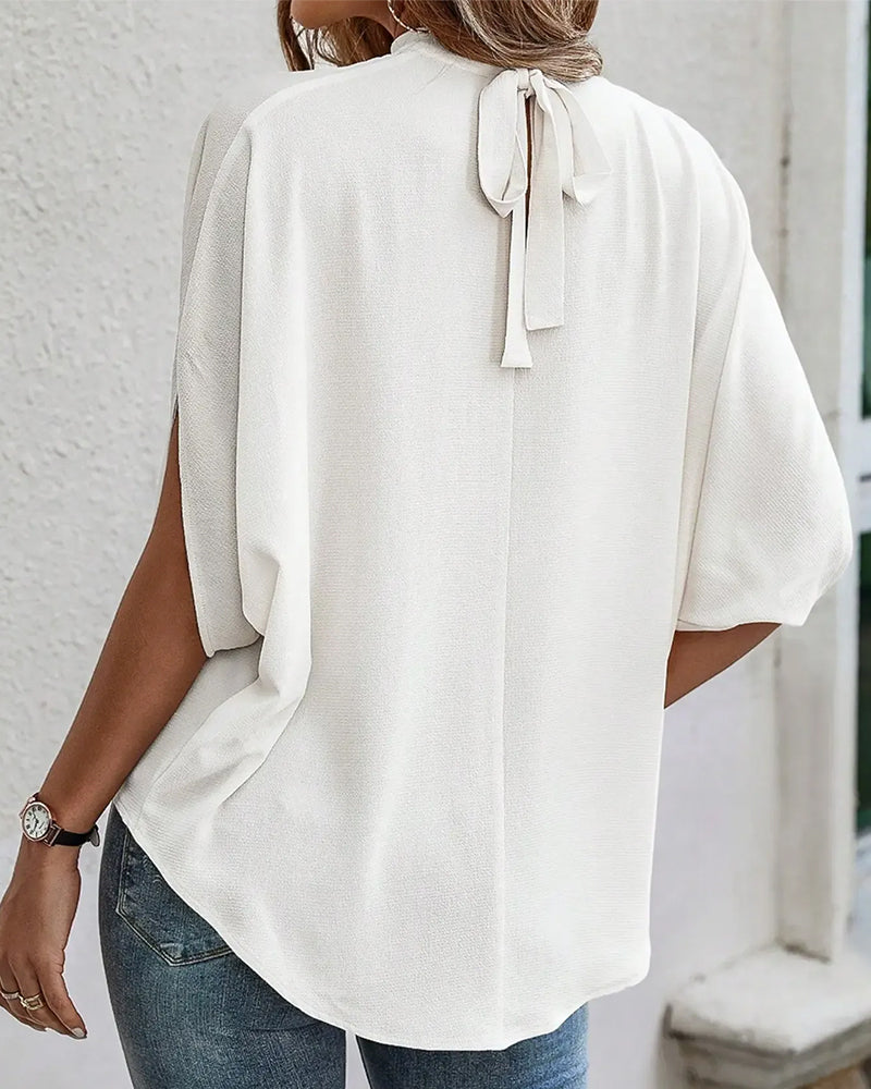 Blus Mock Neck Veckad Tretrekvart Ärm Solid
