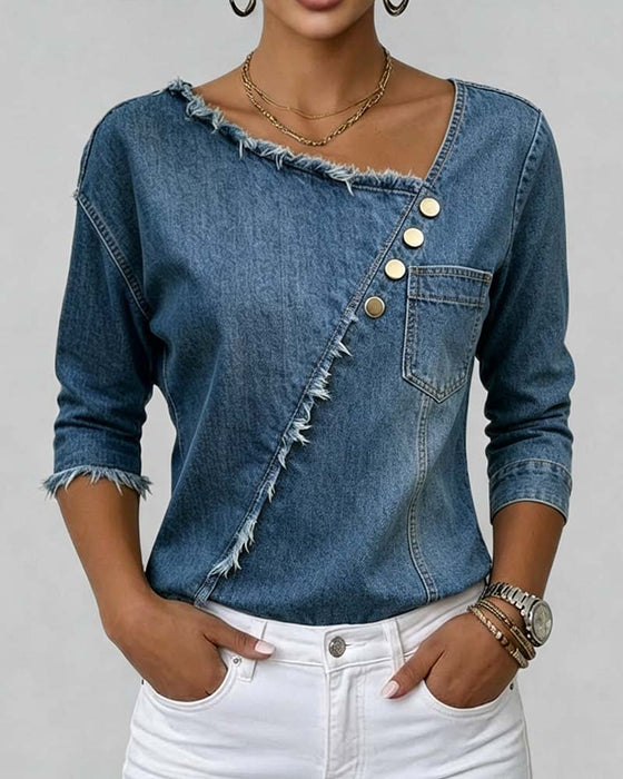 Blus Jeans Lutande Krage Långärmad
