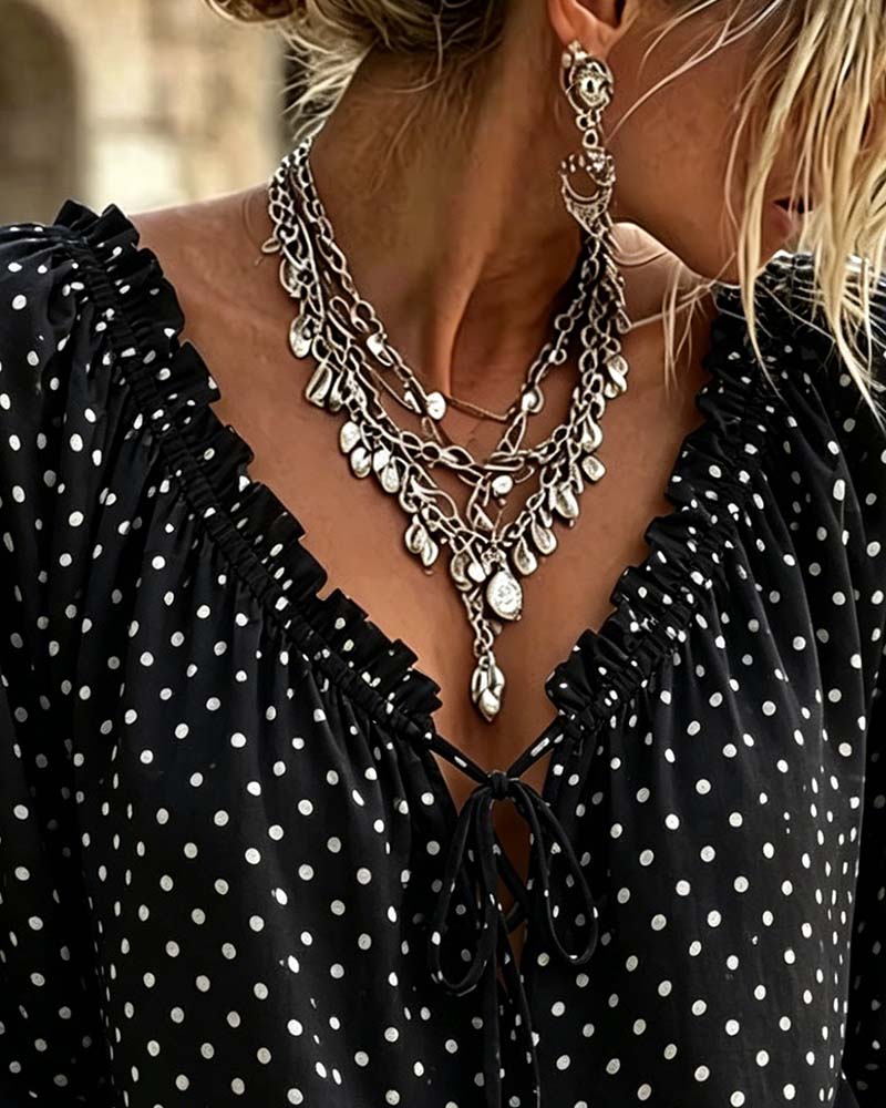 Blus V-Hals Ruffle Polka Dot Knytning