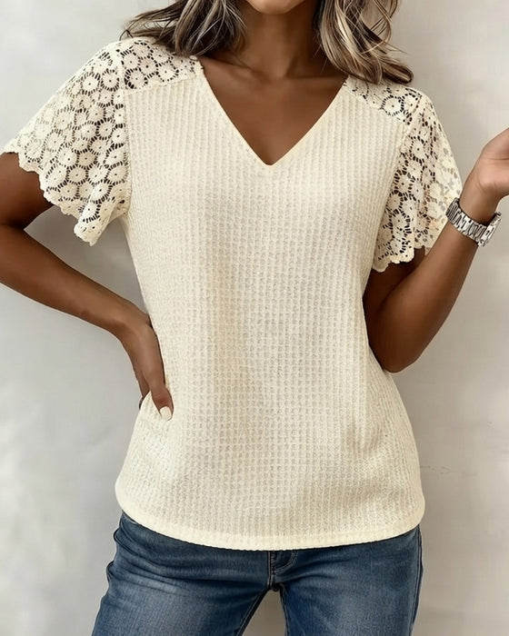 T-Shirt V-Hals Våffla Spets Patchwork Solid