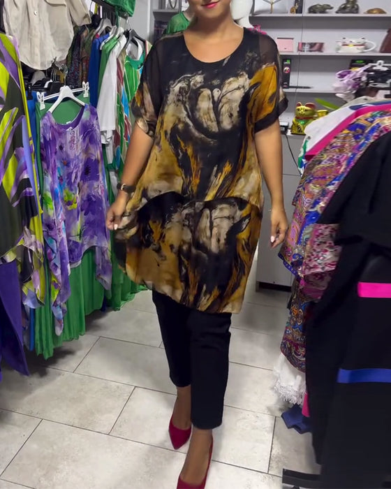 Topp Rund Hals Lös Casual Tryckt