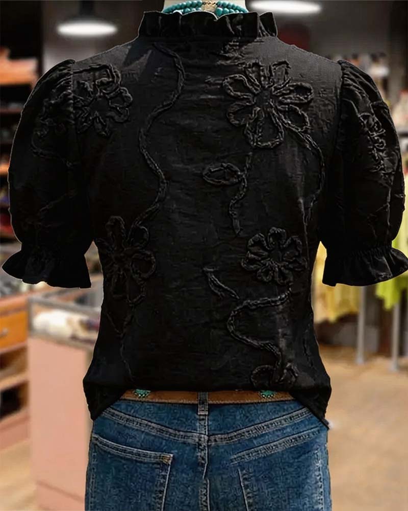 Blus V-Ringning Rynkad Kant Puffärm