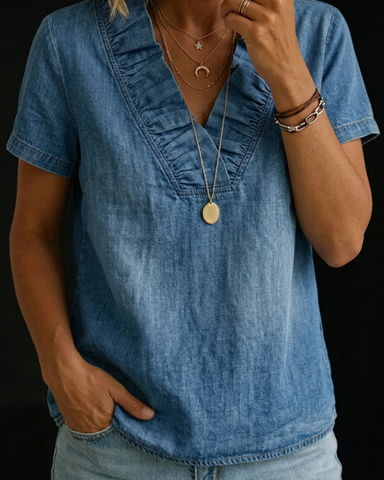 Blus Volang V-Ringad Denim