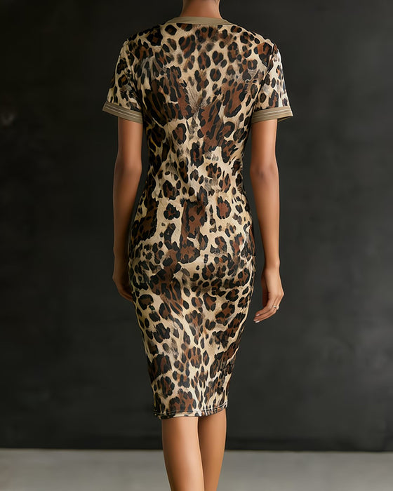 Klänning Leopard Tryck Patchwork V-Hals Åtsittande