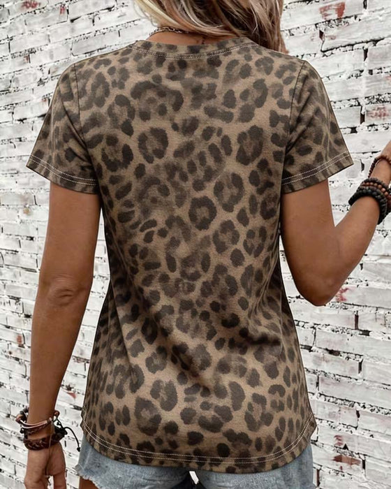 T-shirt Rundhals Leopardmönster Slim-Fit Kortärm