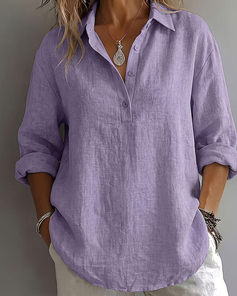 Blus Enfärgad Krage Halvknäppning Långärmad