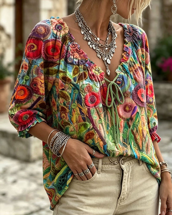Blus V-Hals Ruffle Puffärm Knyt