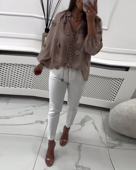 Blus Enfärgad 3D-Blommig Snörning