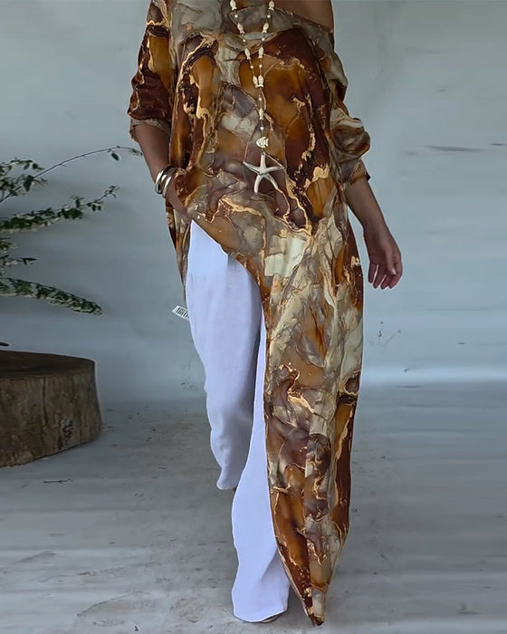 Blus Trendig Slits Tryckt