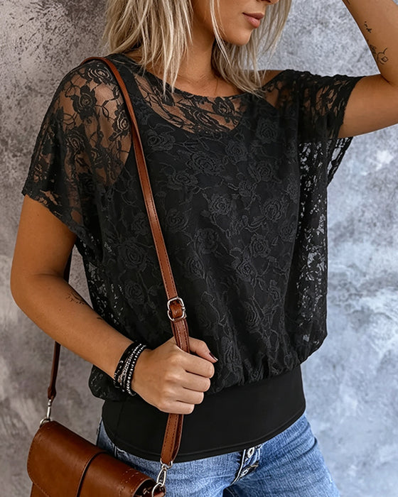 T-Shirt Off-Shoulder Spetslapparbete Hängslen