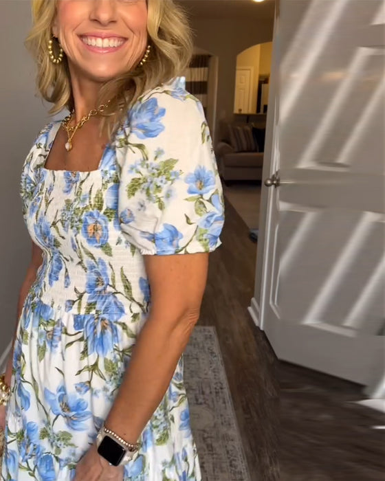 Klänning Fyrkantig Urringning Plisserad Blommig A-Linje