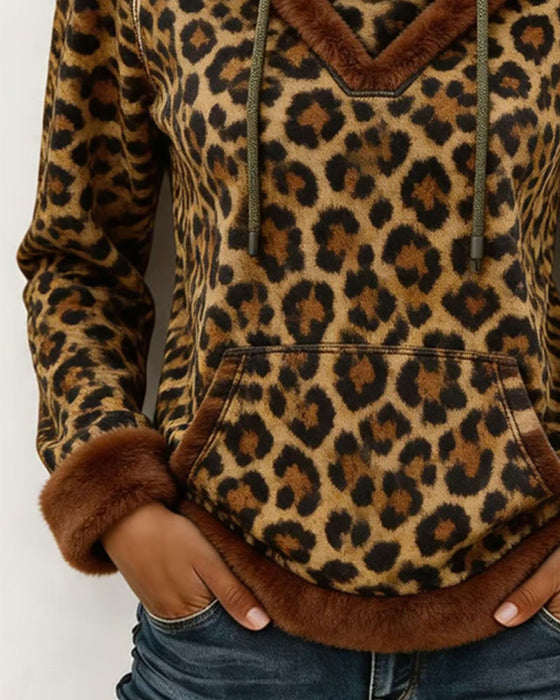 Sweatshirt Leopard Tryck Med Huva Dragsko