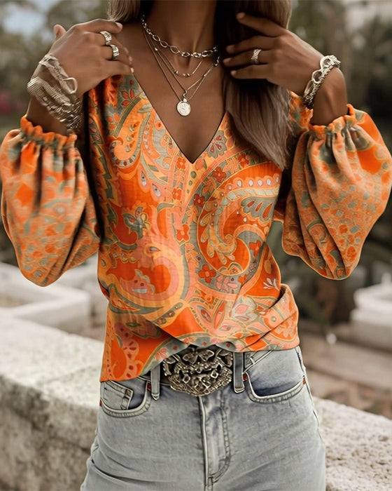 Blus Mönstrad V-Ringad Puffärm