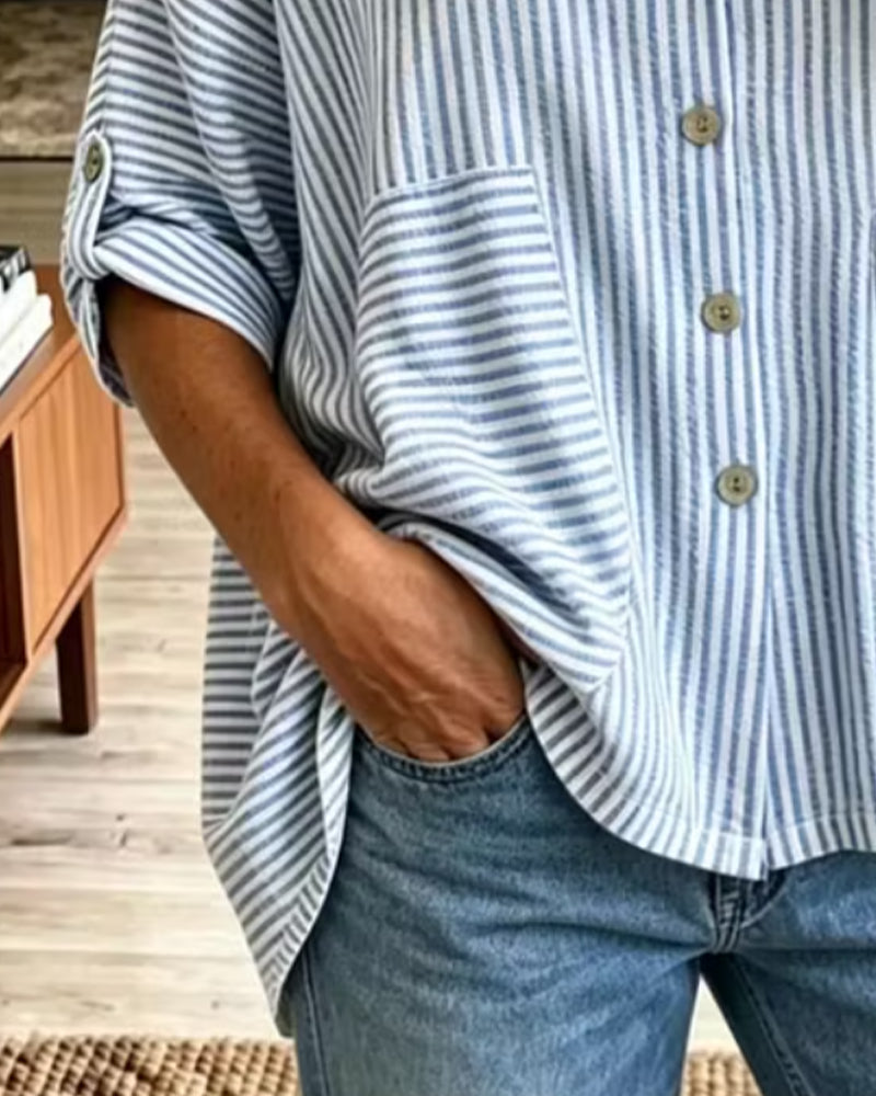 Blus Hoodad Knapp-Rad Randig Kortärmad