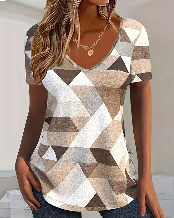 T-shirt Med Casual Färgblock U-formad Hals