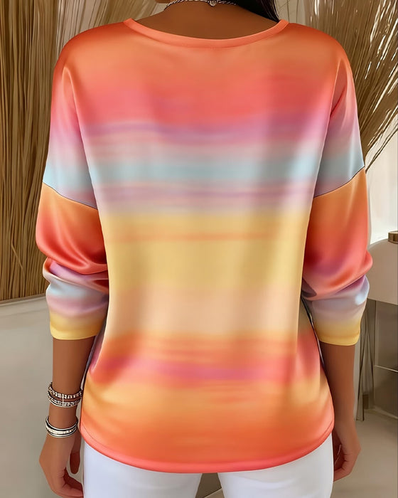 Sweatshirt Regnbåge Ombre Horisontell Rand V-Hals