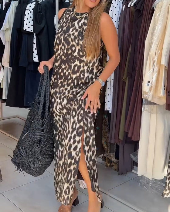 Klänning Rundhalsad Leopardmönster Ärmlös Maxi