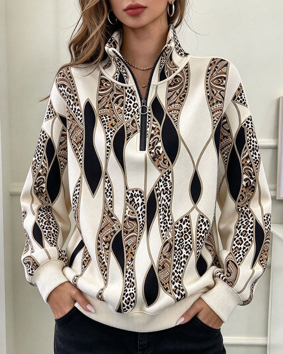 Sweatshirt Geometrisk Paisley Halv Dragkedja Ståndkrage