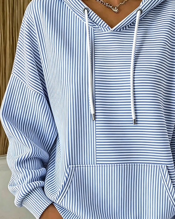 Hoodie Avslappnad Randig Med Dragsko