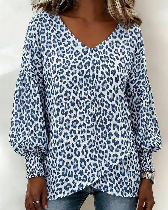 Topp Leopard Lantern-Ärm V-Hals