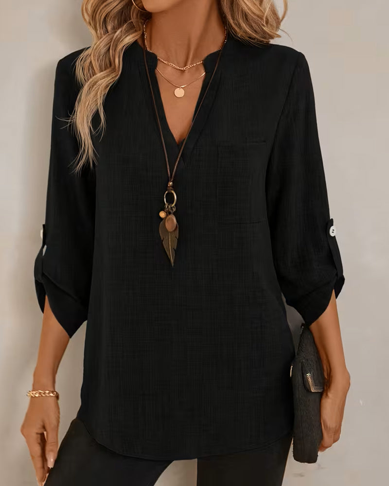 Blus V-Hals Enfärgad Långärmad Fick