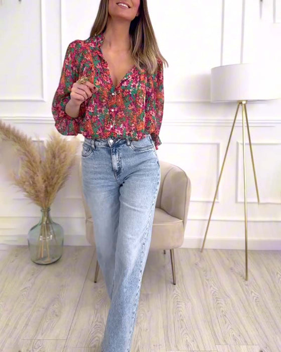 Puffärm tryckt skjorta med button-down