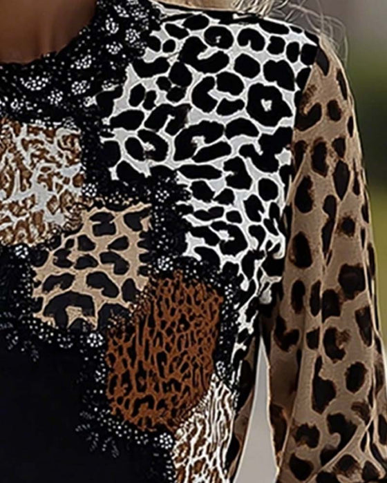 Topp Lång Ärm Leopard Patchwork Casual