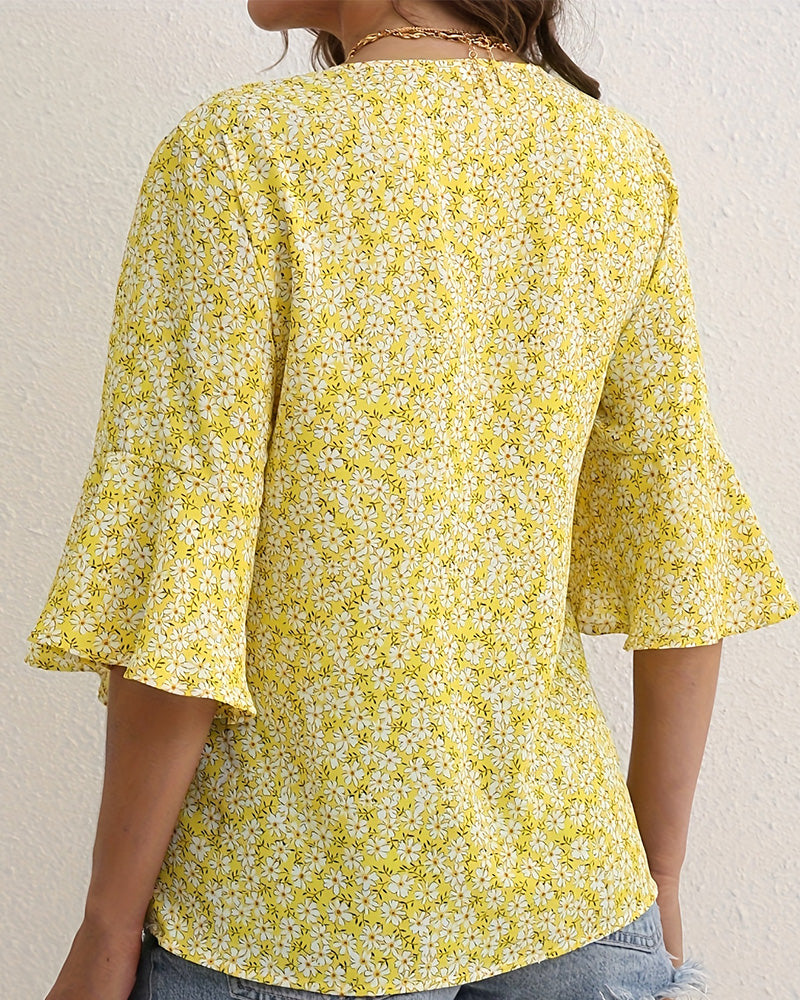Blus V-Hals Floral Fjäril Ärm