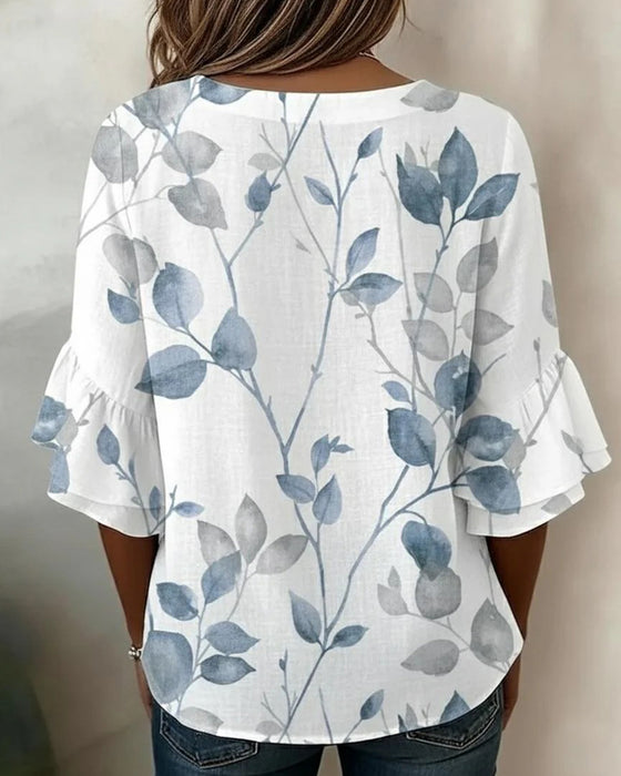 Blus Flutter Flare Ärm Blad Tryck