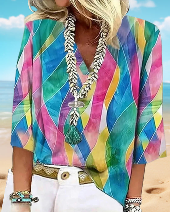 Blus V-Hals Kontrastfärg