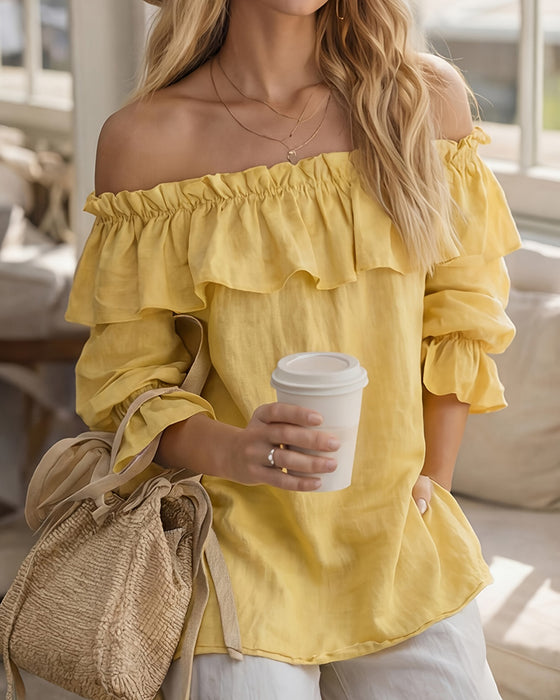 Blus Off-Shoulder Ruffle Solid Lös
