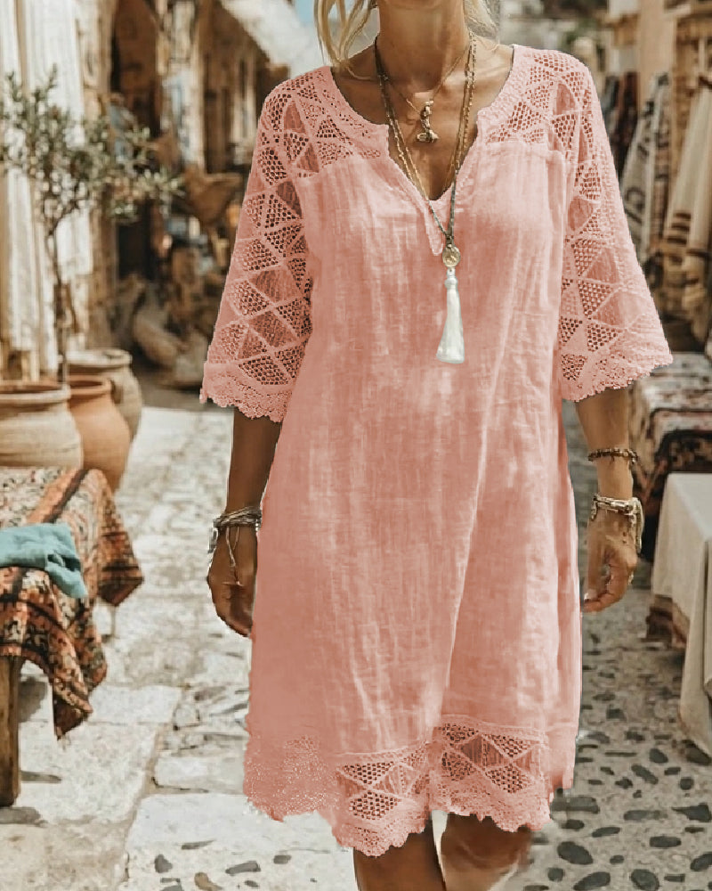 Klänning V-ringning Spets Patchwork Casual