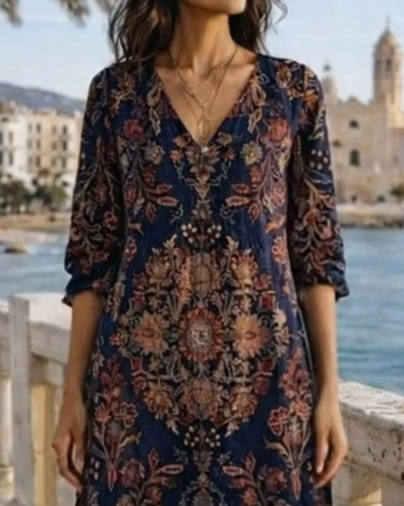 Klänning V-Ringad Retro Tryckt Maxi