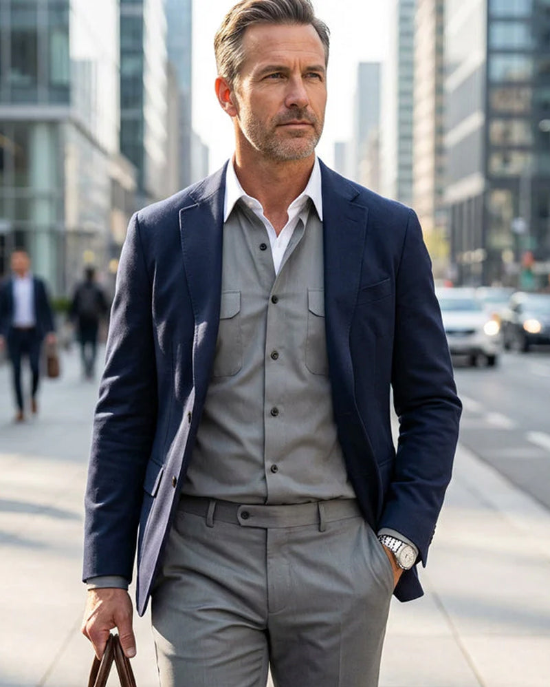 Herr 2-Delad Enfärgad Promenaddräkt - Lös Passform, Skrynkelbeständig, Snygg