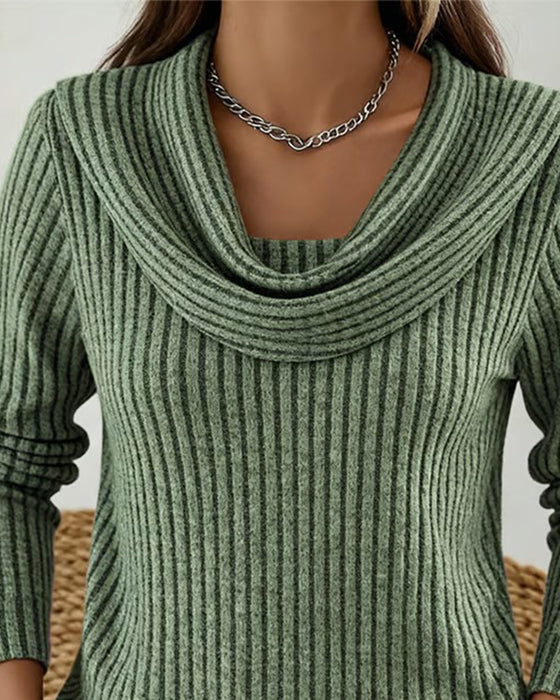 Blus Ribbstickning Droppande Halsringning Långärmad