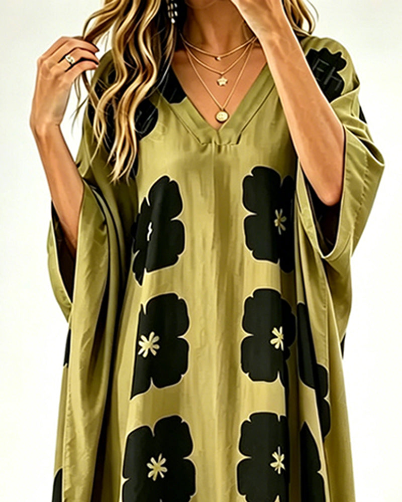 Klänning Print V-Ringning Fladdermusärm Loose Fit