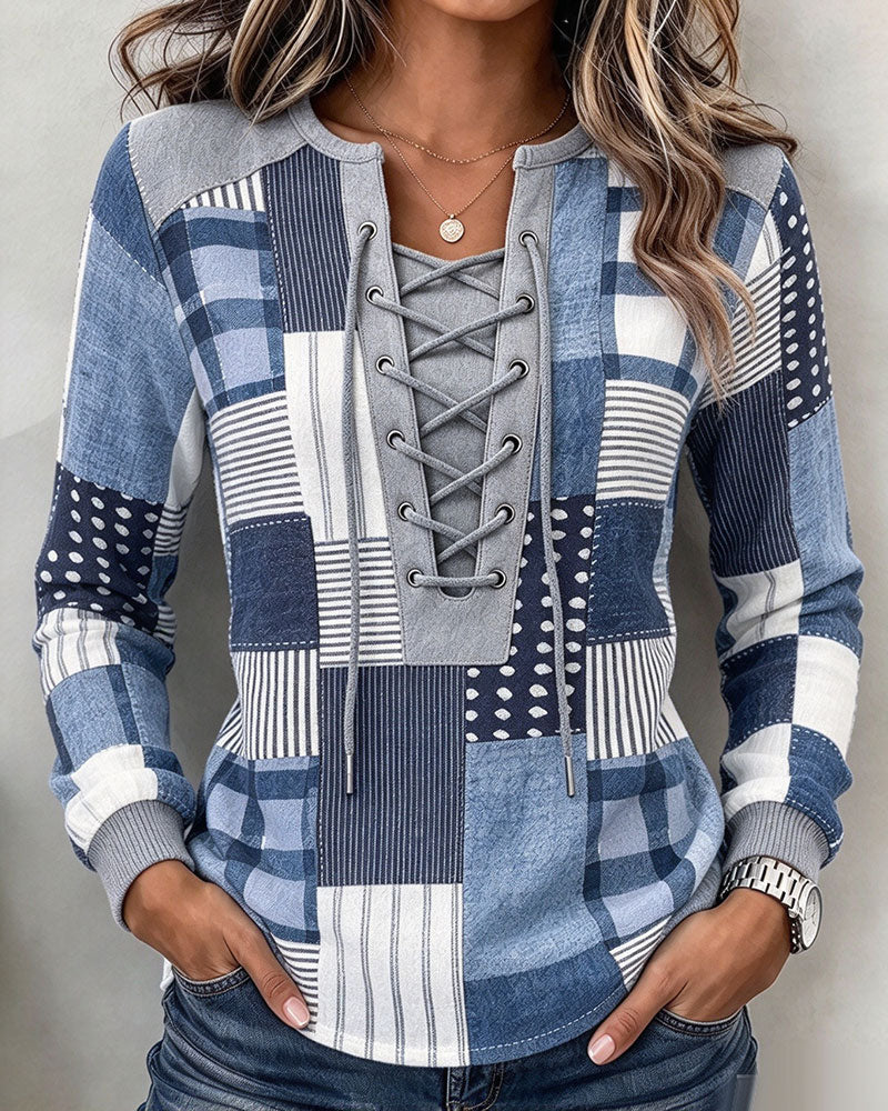 Sweatshirt Snörning Pläd Långärmad Slim