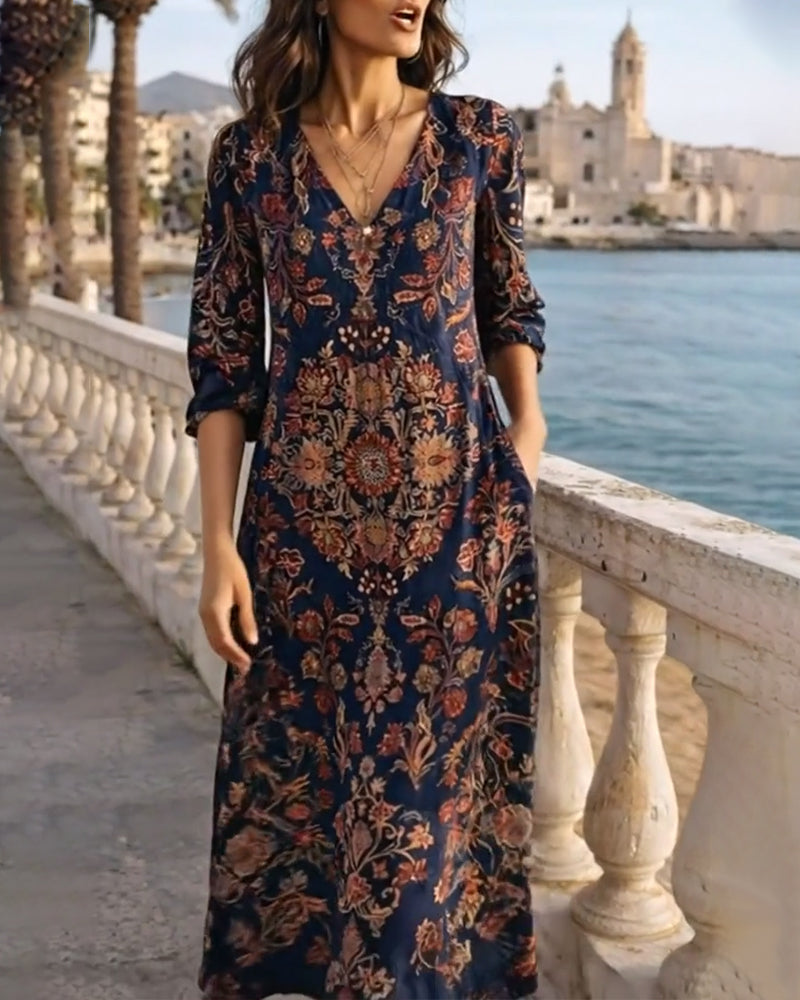 Klänning V-Ringad Retro Tryckt Maxi