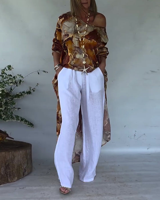 Blus Trendig Slits Tryckt