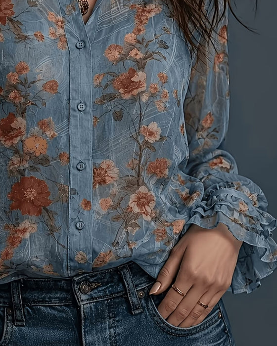 Blus Blommig Ruffle Slag
