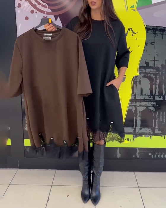 Klänning Elegant Spets Skarvad Rund Halsringning