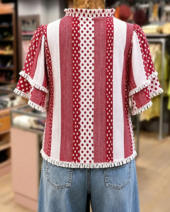 Blus V-Hals Prickig Fringe Patchwork
