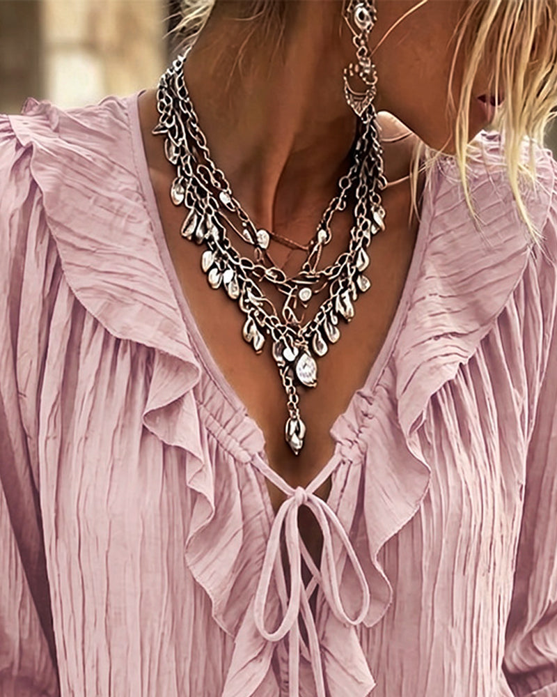 Blus Ruffle Trim Snörning Lång Ärm