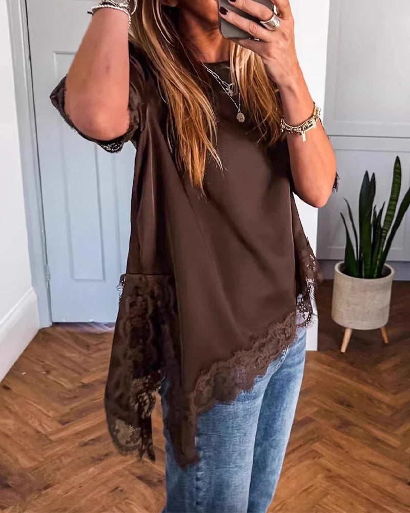 Blus Oregelbunden Spets Sammanfogad Enfärgad
