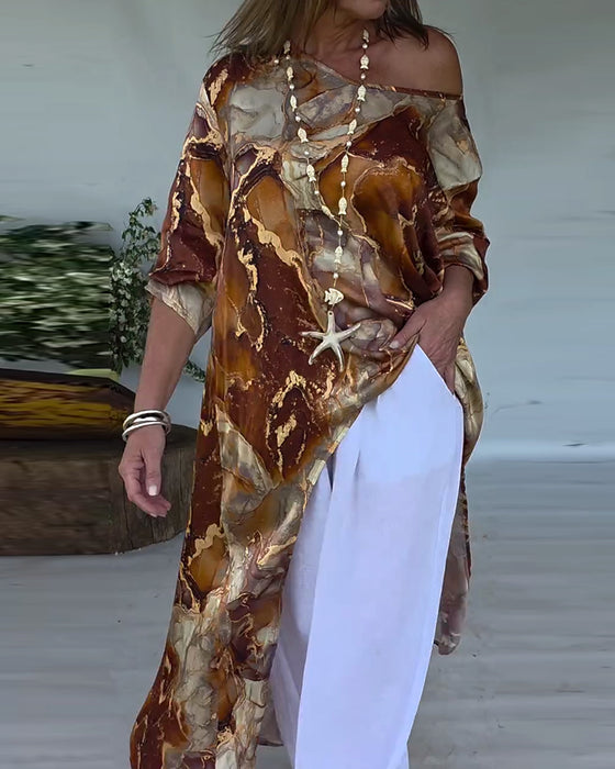 Blus Trendig Slits Tryckt